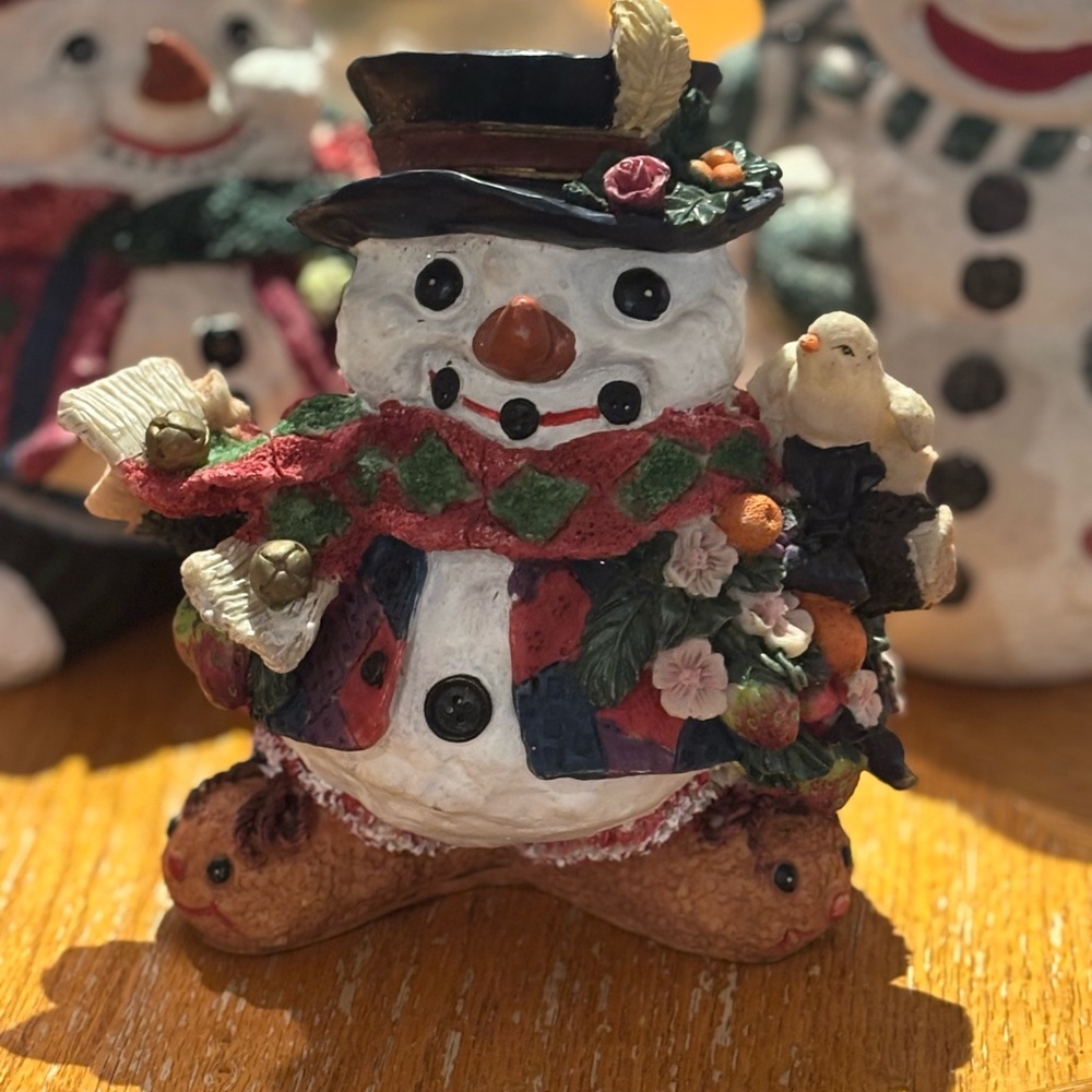 Festive Snowman Resin Figurine With Cute Boots and Red and Green Accents